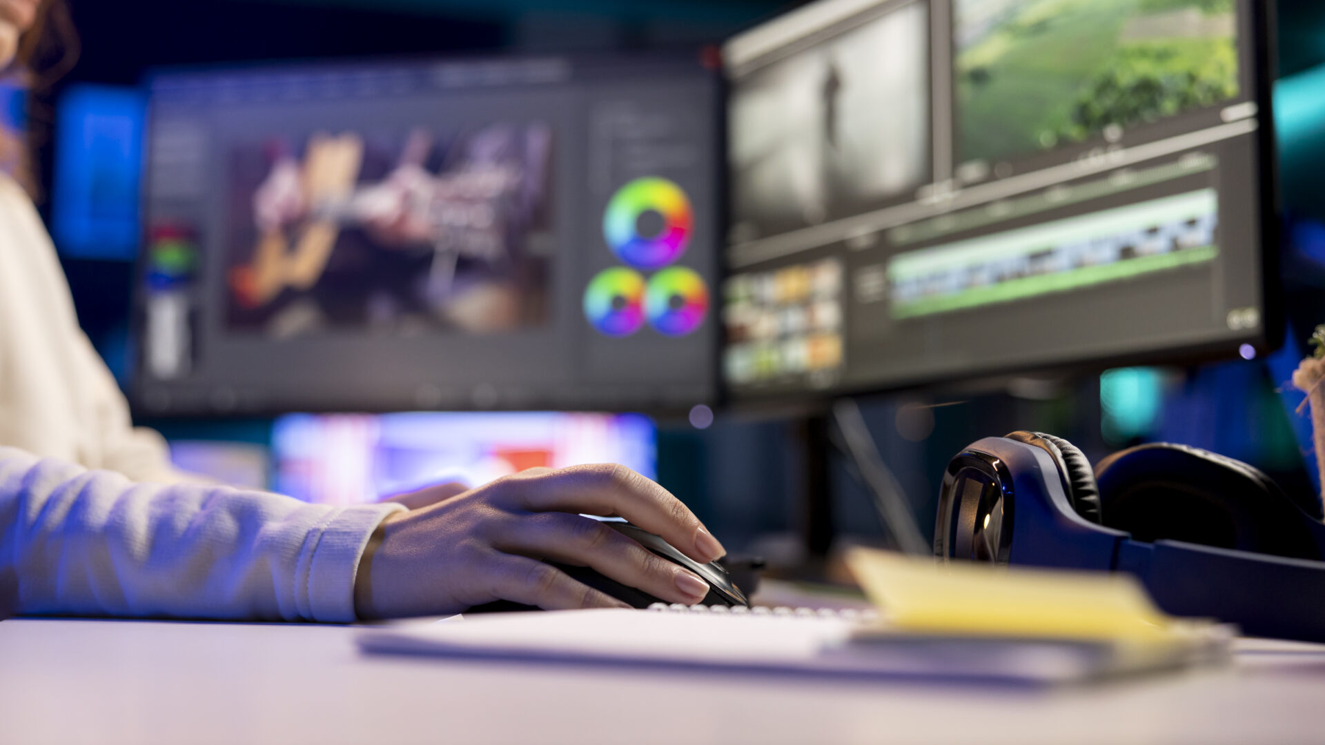 Video editor cutting a brand video on dual monitors